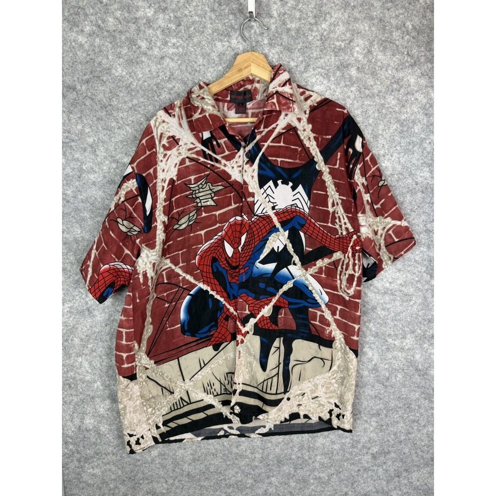 Vintage Spider-Man Shirt Large Superhero Venom All Over Print Button Up Movie